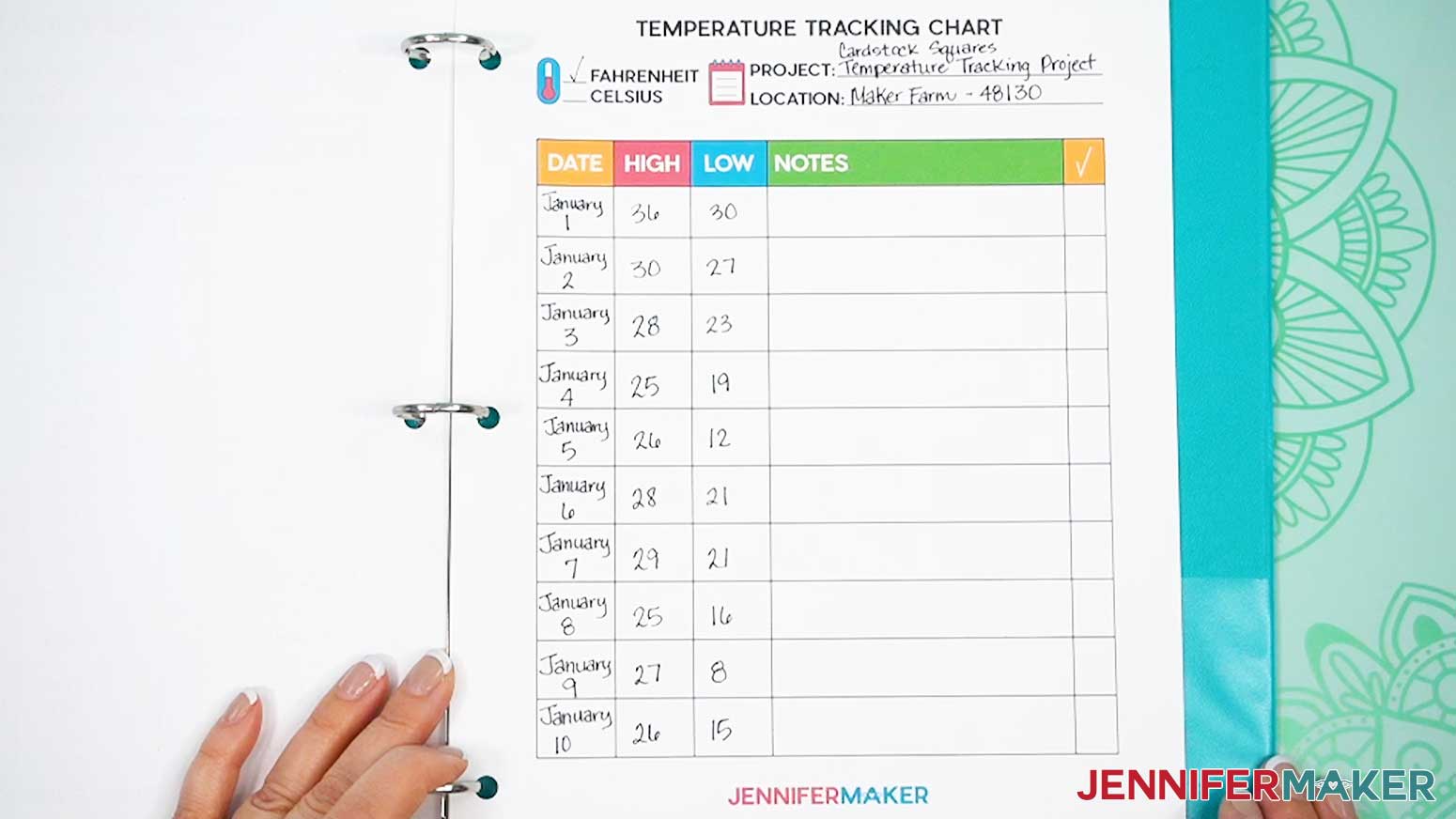 Fill in the Temperature Tracking Chart for each day with the high and low temperatures along with any other details to be noted.