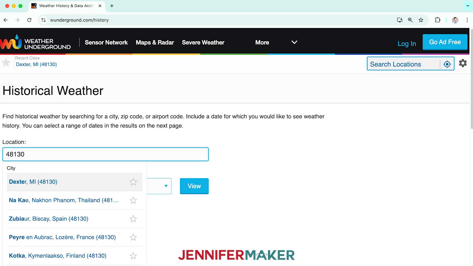 Enter the zip code for your location into the search box of the Historical Weather web page to track information for the Temperature Project.