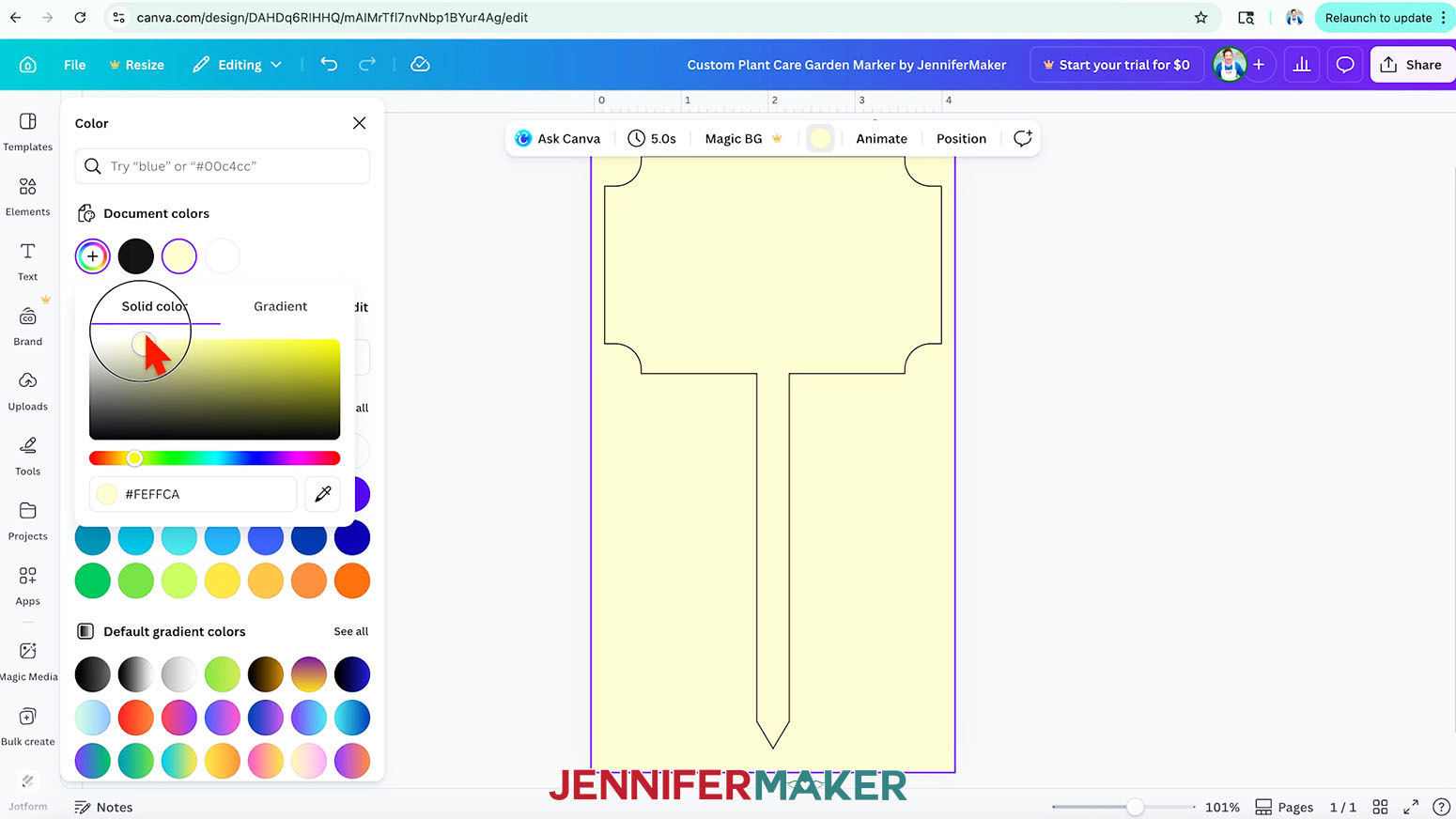 Adjust the slider to choose a light color for the custom plant care marker design.
