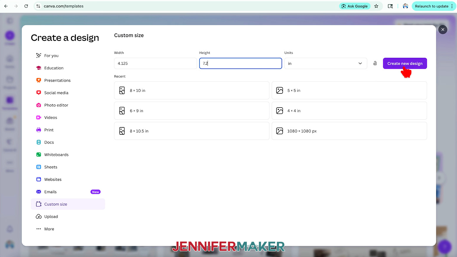 Create a new custom size document for the plant care marker.
