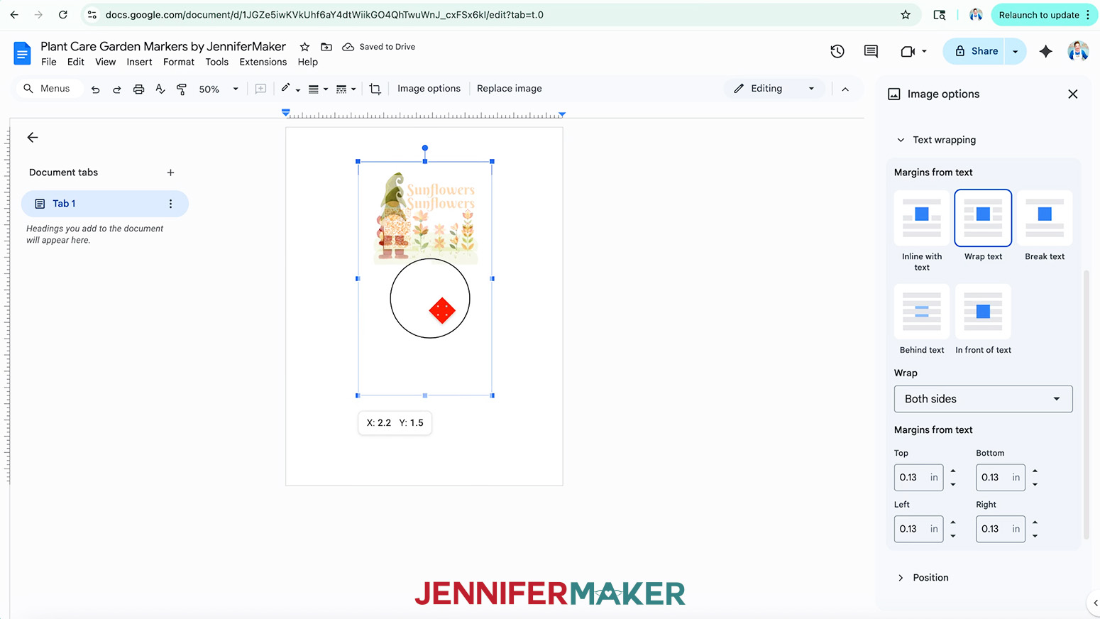 Move the plant care marker design to the center of the page.