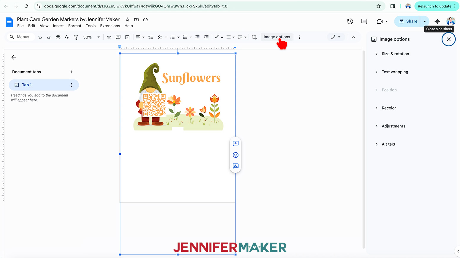 Click Image Options to access settings for the plant care marker design.