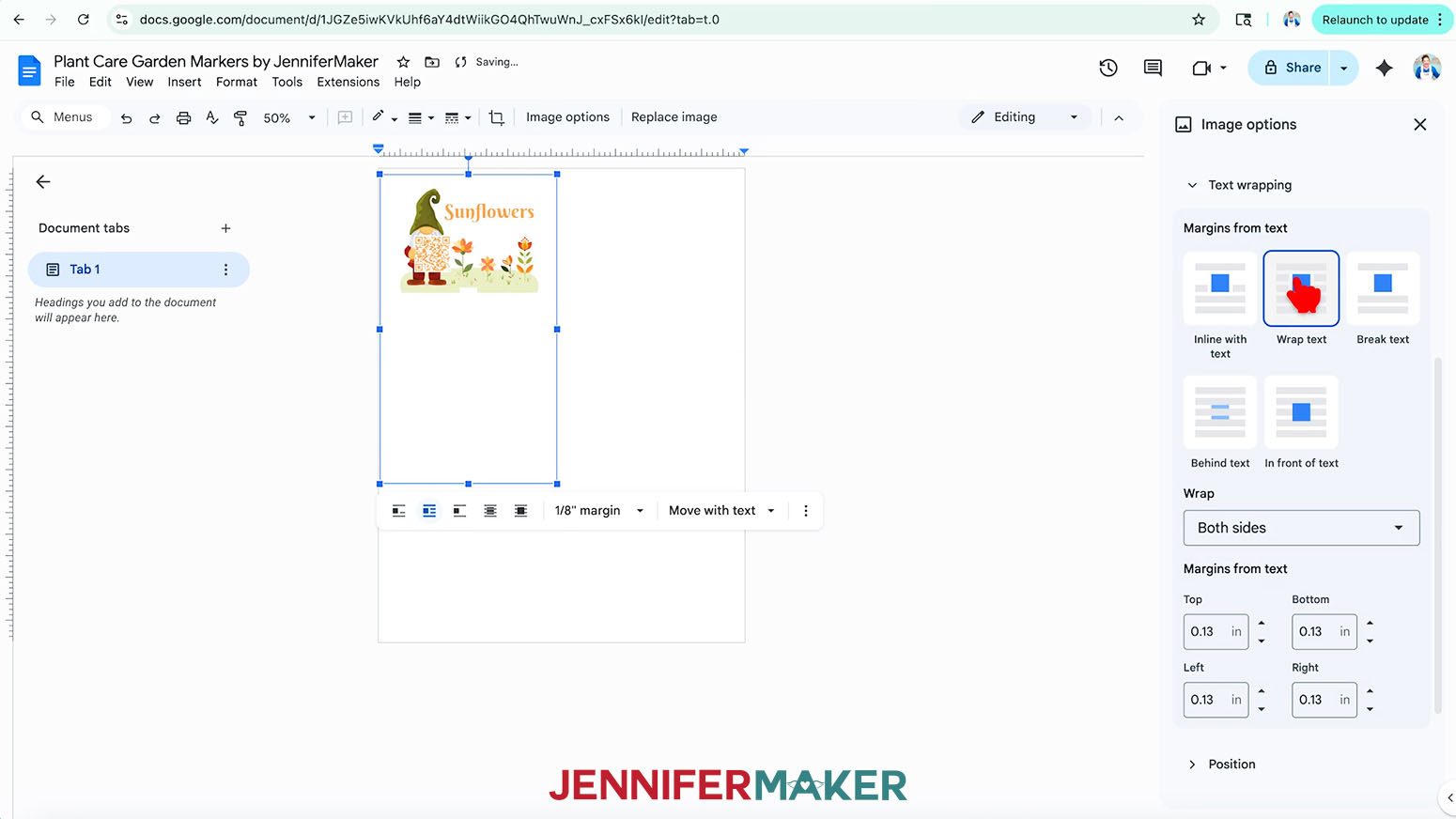 Click Wrap Text to move the the plant care marker design to the center of the page.