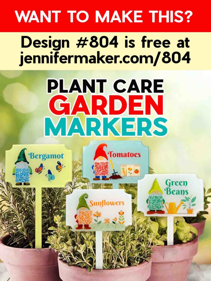 Want to make this? Design #725 is free at jennifermaker.com/804. Plant Care Garden Markers. Sublimated gnome designs for Bergamot, Tomatoes, Sunflowers, and Green Beans plant markers. Tutorial by JenniferMaker.