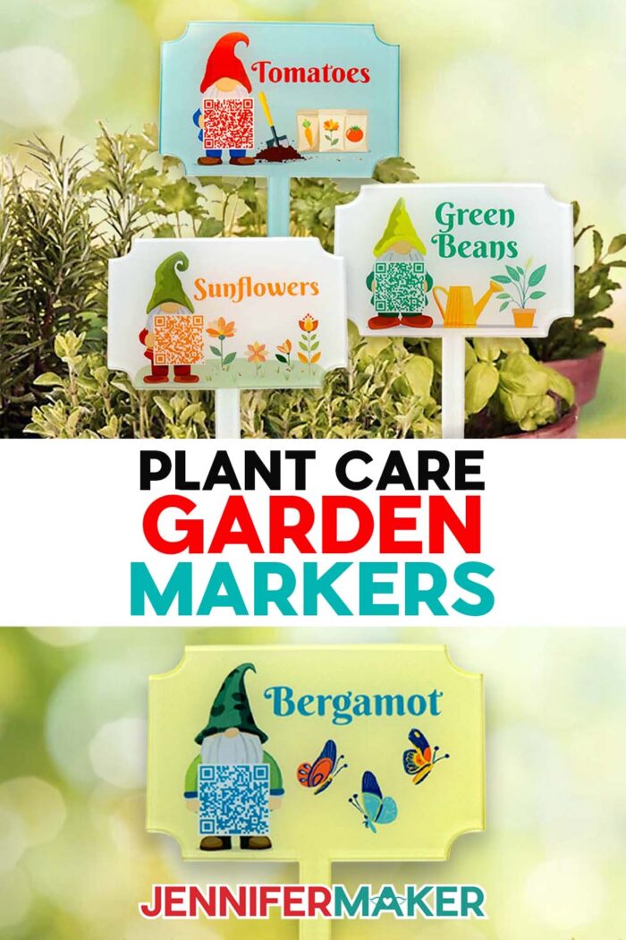 Plant Care Garden Markers Tutorial by JenniferMaker. Acrylic garden markers for Tomatoes, Green Beans, and Sunflowers with sublimated gnome designs and QR codes in blooming planters, plus an extra Bergamot marker close up.