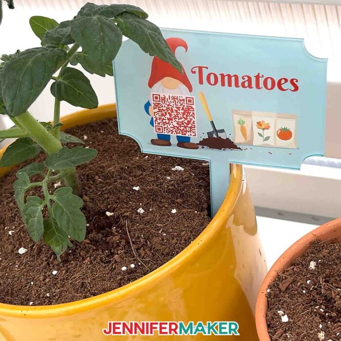 A sublimated garden marker with "Tomatoes" and a gnome in a tomato plant. Learn about this and other Best Sublimation Blanks on JenniferMaker's blog post