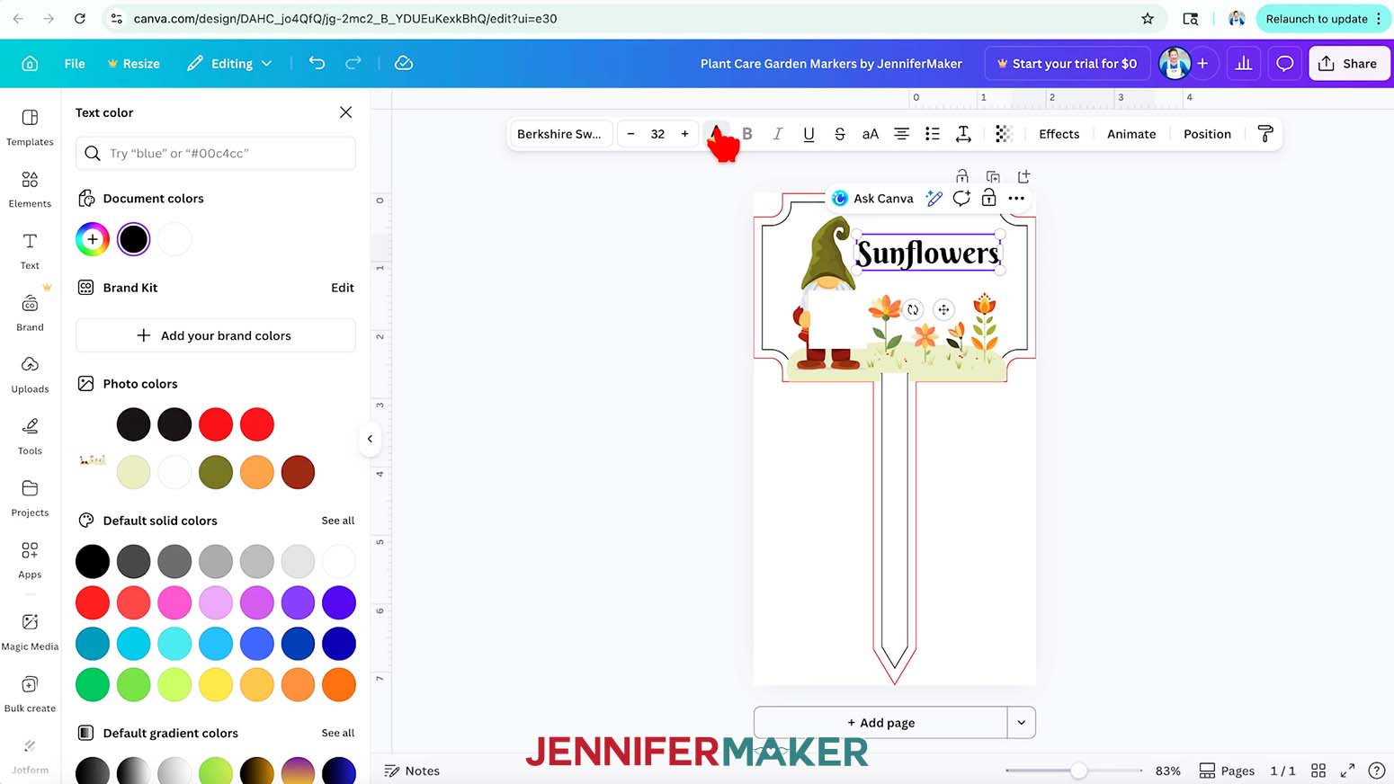 Click the Text Color icon to edit the color of the text for the plant care garden marker design.