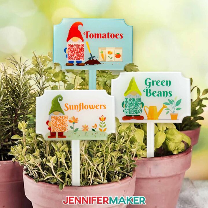 The completed plant care markers are display in pots.