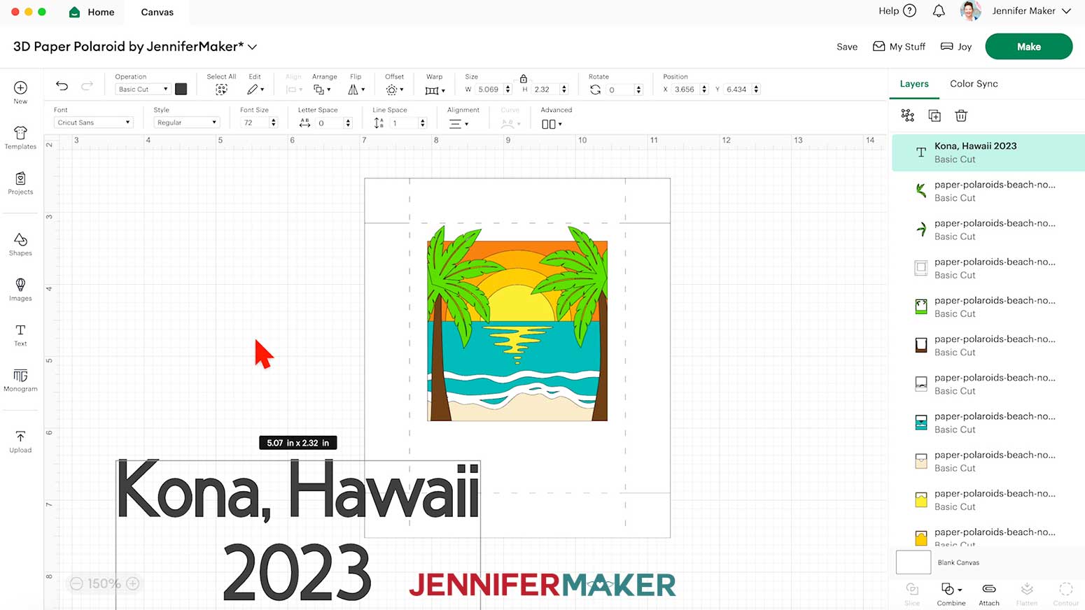 The phrase "Kona, Hawaii 2023" typed in a text box in Design Space for customizing the Polaroid Shadow Box design.