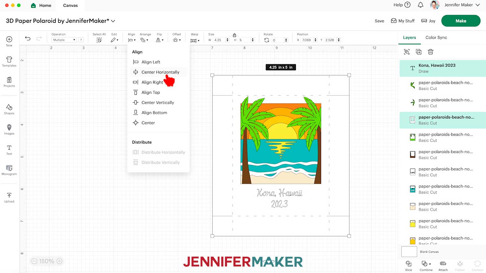 Select Align and then Center Horizontally in Cricut Design Space.