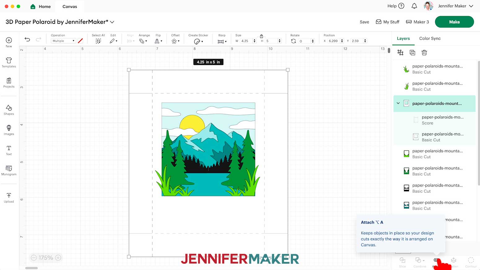 Click Attach in Cricut Design Space to attach the Polaroid Shadow Box's frame Score and Basic Cut layers together.