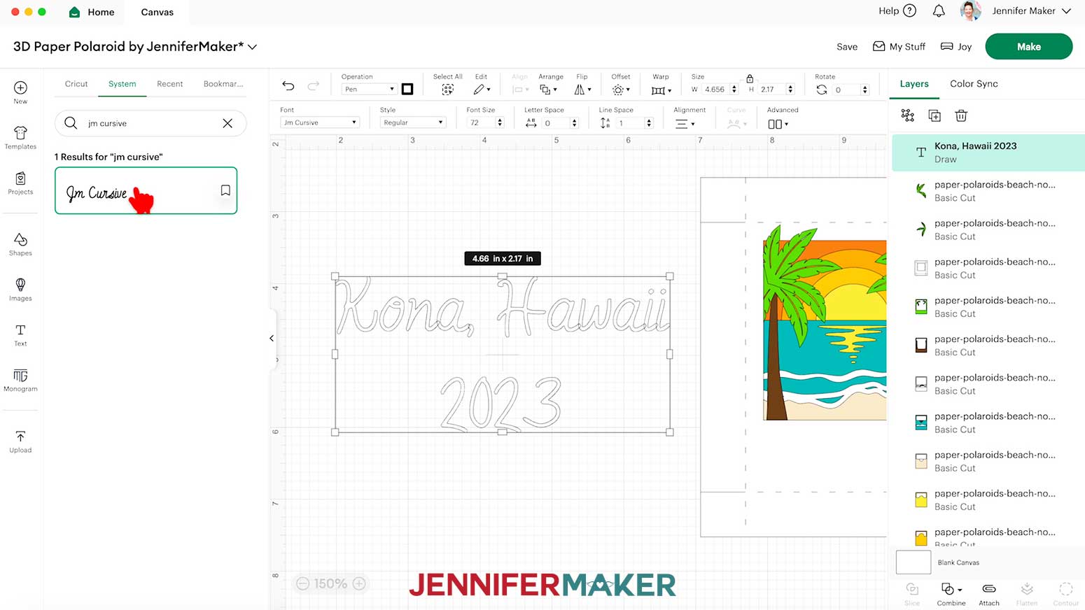 Select the font JM Cursive under the System tab in Cricut Design Space's font menu.