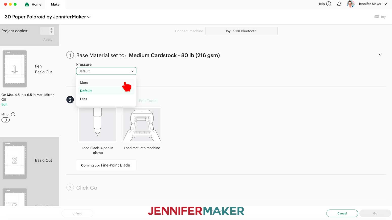 The Medium Cardstock setting in Cricut Design Space with More pressure being selected.