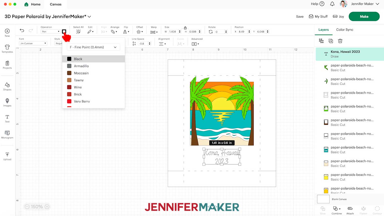 Change the type and color of pen in Cricut Design Space by selecting the color box next to Operation.