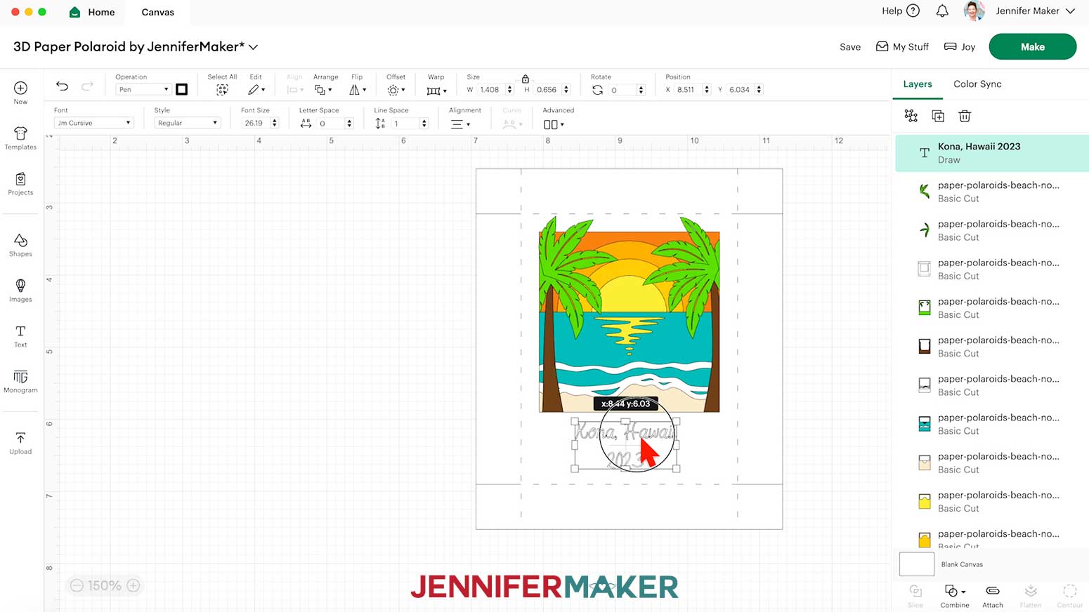 Position the text box below the Polaroid Shadow Box frame opening and above the dashed crease lines