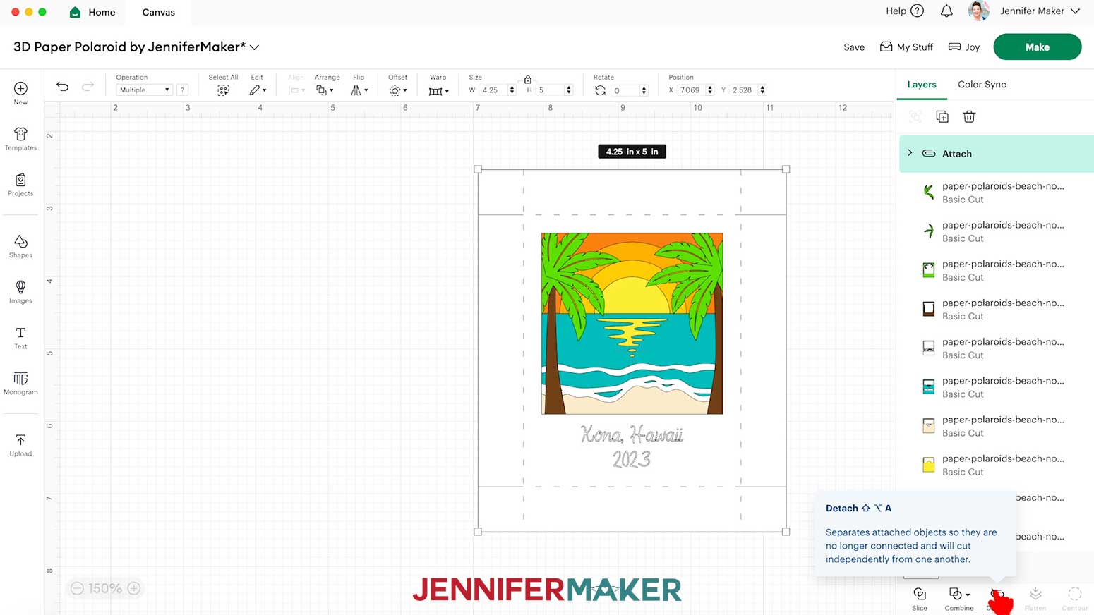The Polaroid Shadow Box design ready to cut on the Design Space Canvas, after attaching the text to the frame.