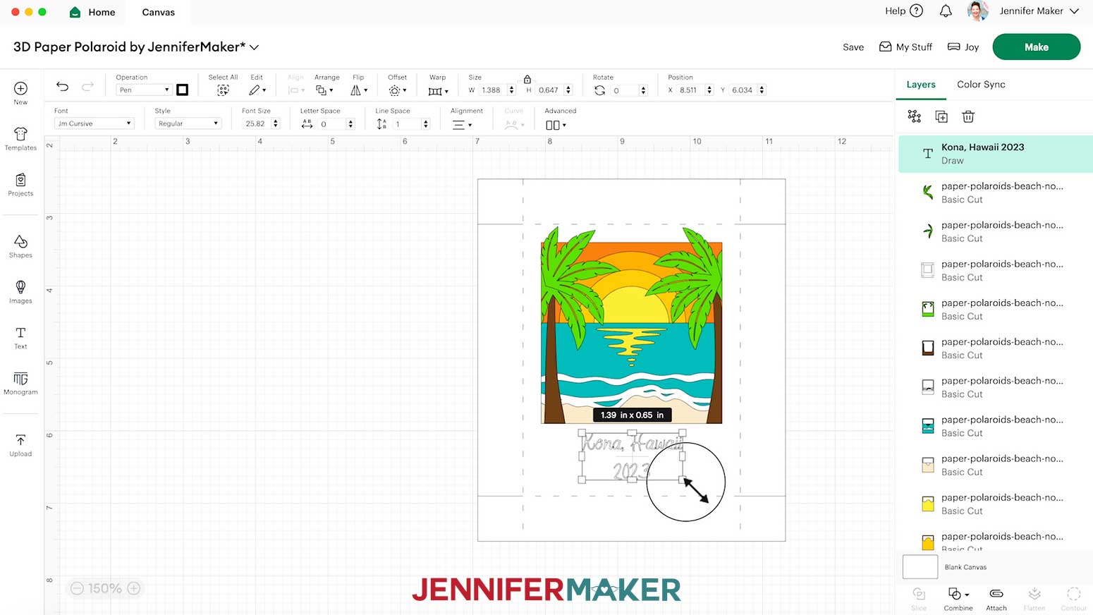 Resize the text box in Cricut Design Space using the corner resize handles.