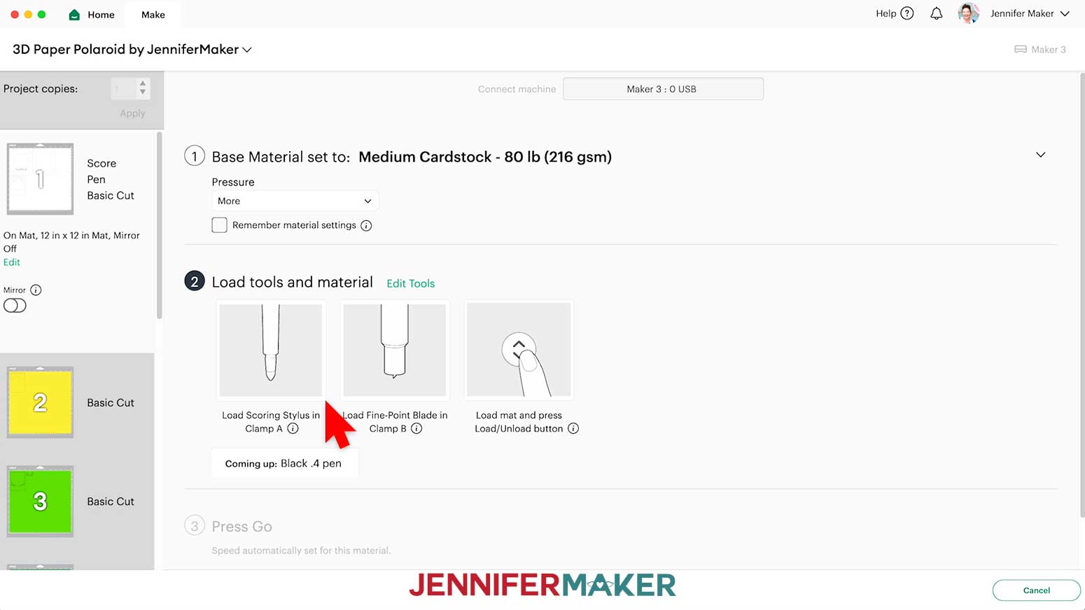 The Medium Cardstock material setting in Cricut Design Space with More pressure showing and the Scoring Stylus selected.