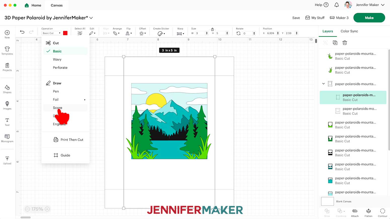 Change the operation from Basic Cut to Score in Cricut Design Space.