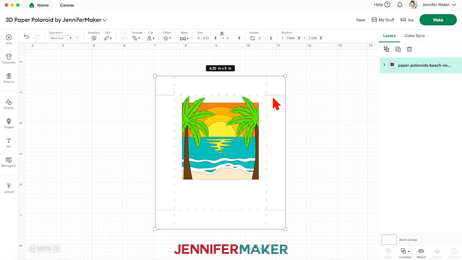 The beach design for the Polaroid Shadow Box on the Design Space Canvas.