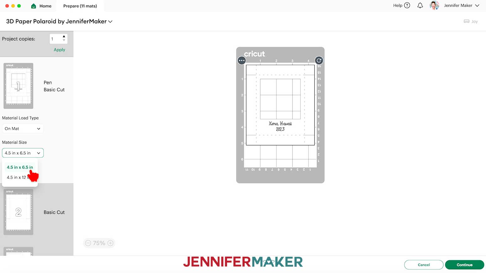 The Prepare screen in Cricut Design Space, showing the Material Size as 4.5 inch by 6.5 inch.