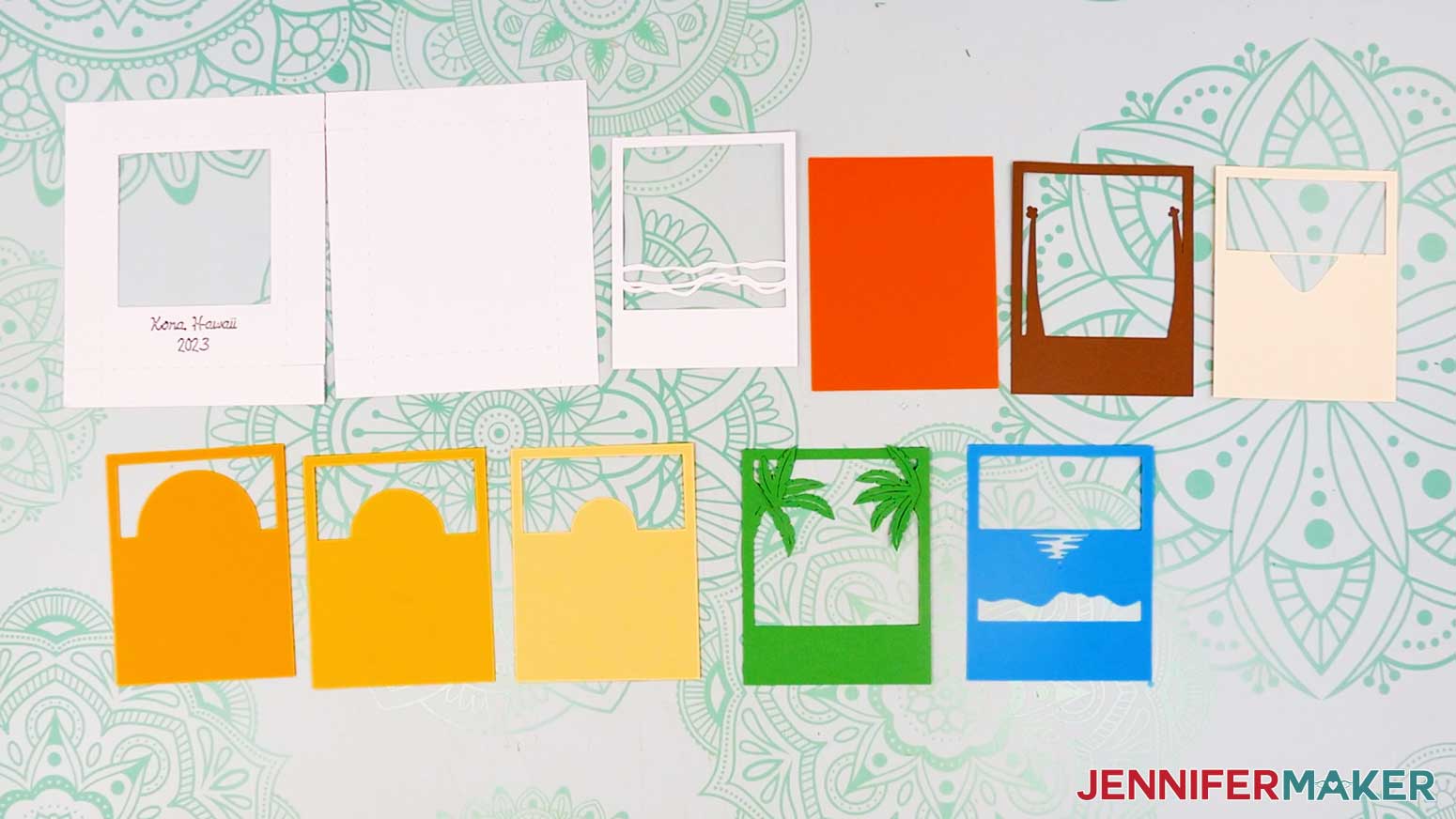 Cut cardstock pieces for the Polaroid Shadow Box beach scene.