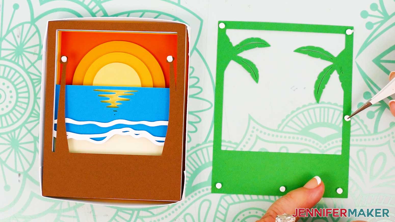 Place the micro pop dots with tweezers on the back of the green palm tree frond layer for the Polaroid Shadow Box.