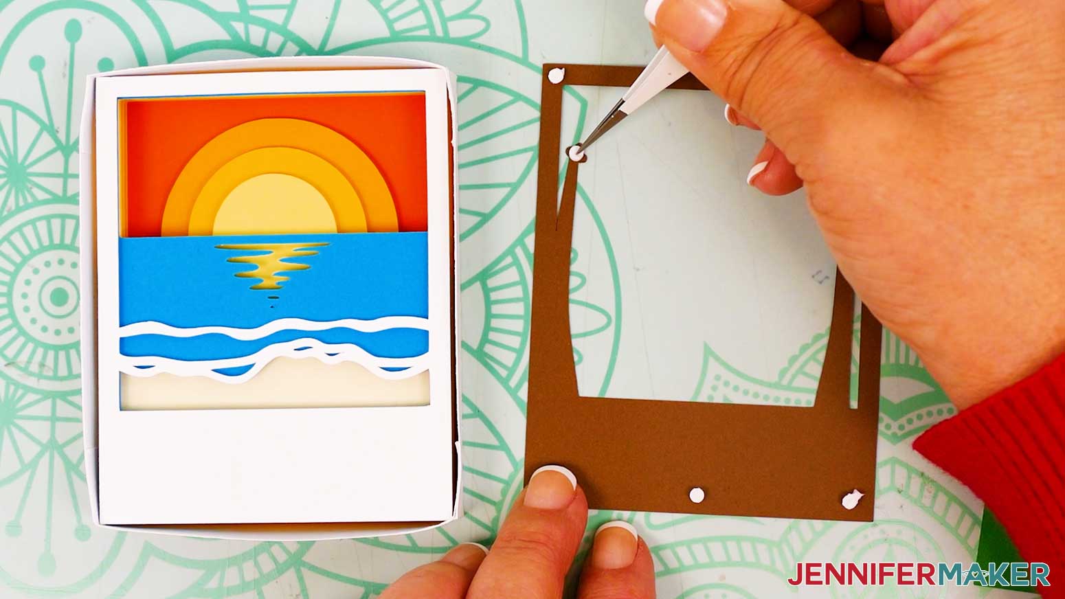 Place a micro pop dot on the tip of the palm tree trunk on the Polaroid Shadow Box's brown layer.