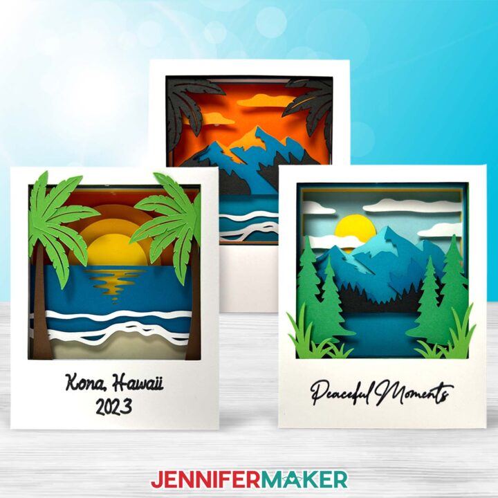 Three finished Polaroid Shadow Boxes: a beach scene, a mountain scene, and a mountain scene with waves and palm trees.
