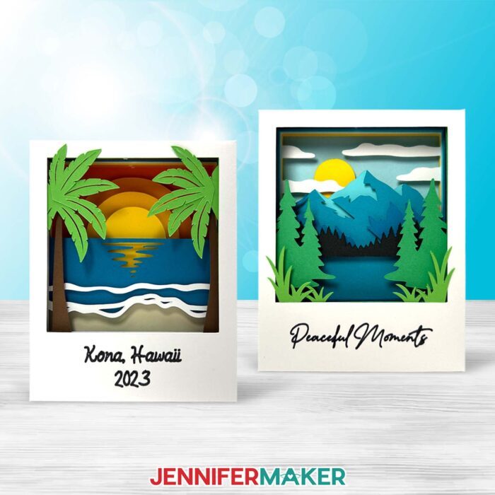 Two Polaroid Shadow Box projects made of colored cardstock, one of a beach and one of a mountain