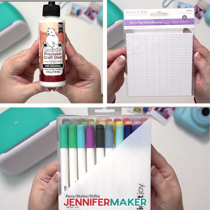 A collage of materials used to create a Polaroid Shadow Box: Bearly Art Precision Craft Glue, a sheet of micro pop dots, and a pack of Cricut Joy-sized Cricut Pens