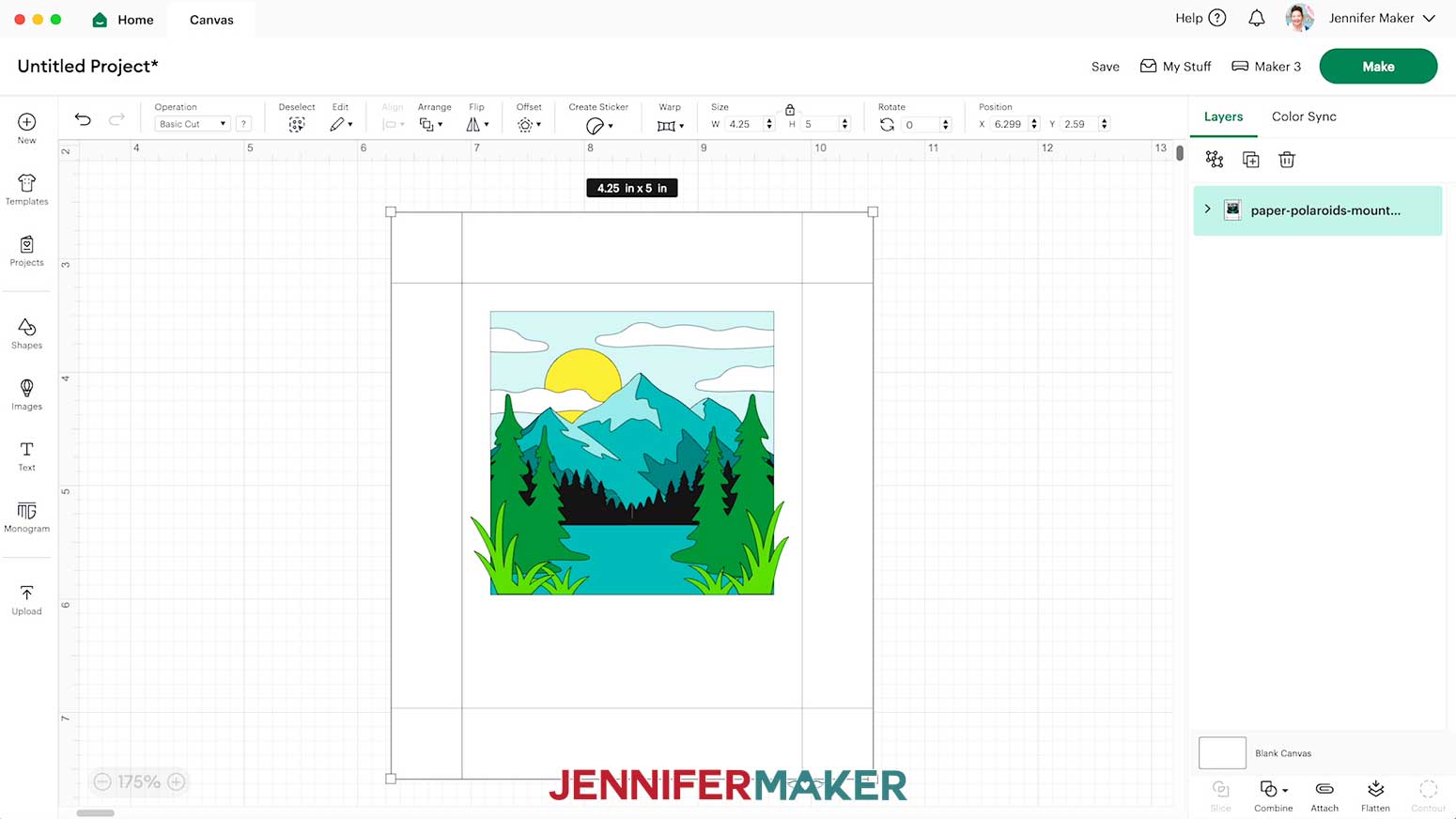 The mountain design for the Polaroid Shadow Box on the Design Space Canvas.