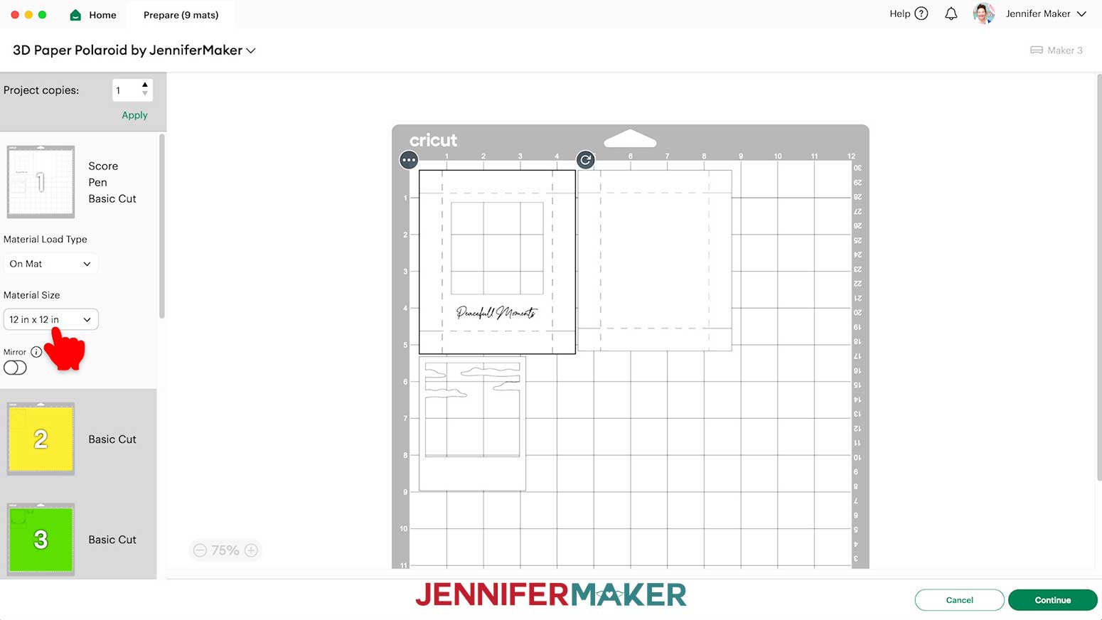 The Design Space Prepare screen for the Polaroid Shadow Box mountain design.