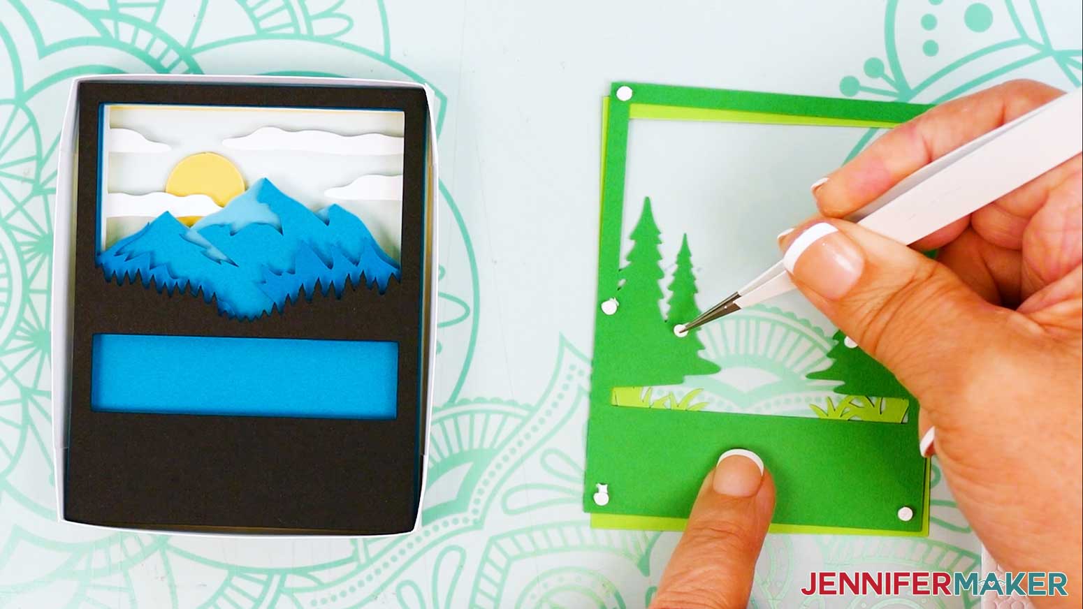 Use tweezers to place micro pop dots on the back of the green pine layer for the Polaroid Shadow Box mountain scene.