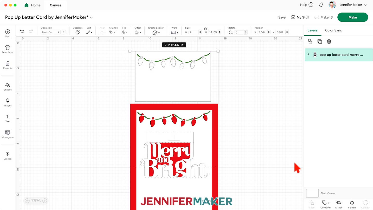 No score pop up card in design space canvas. It is 7 x 14.17 inches.