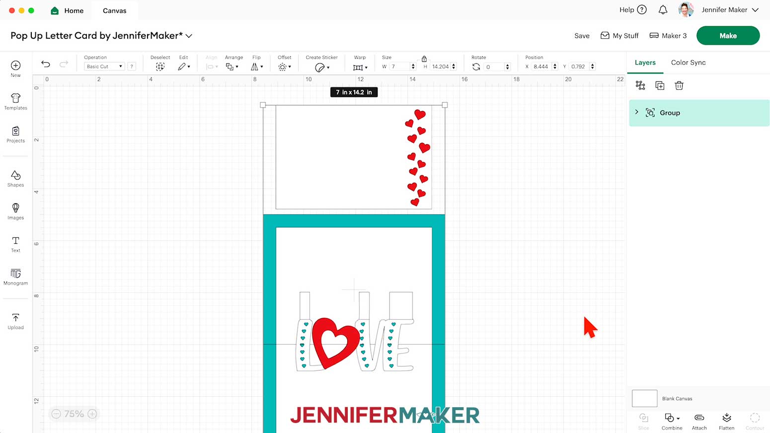 Love pop up card design open on cricut design space canvas. It is 7 x 14.2 inches