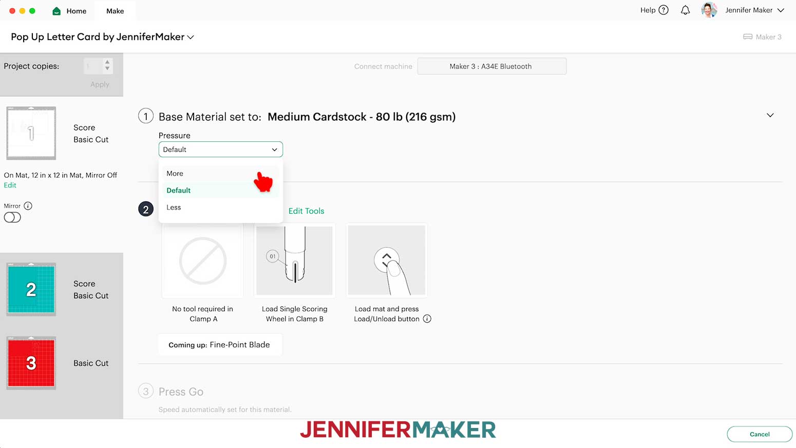 Prepare screen "medium cardstock 80 lb (216 gsm)" pressure is set to more