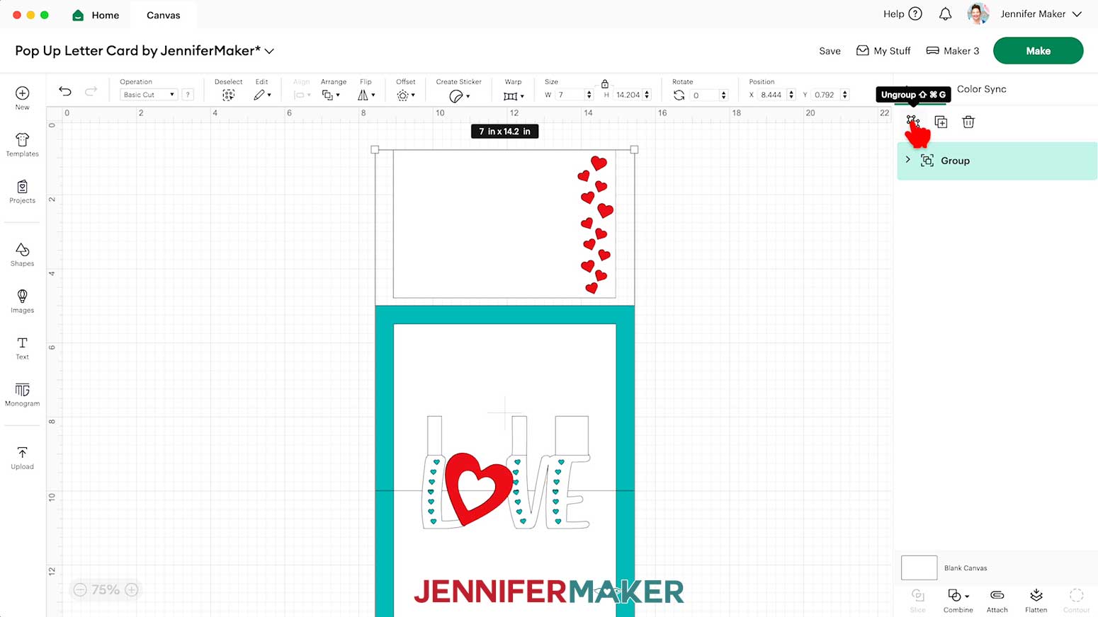 Love pop up card design on cricut design space canvas. It is 7 x 14.2 inches