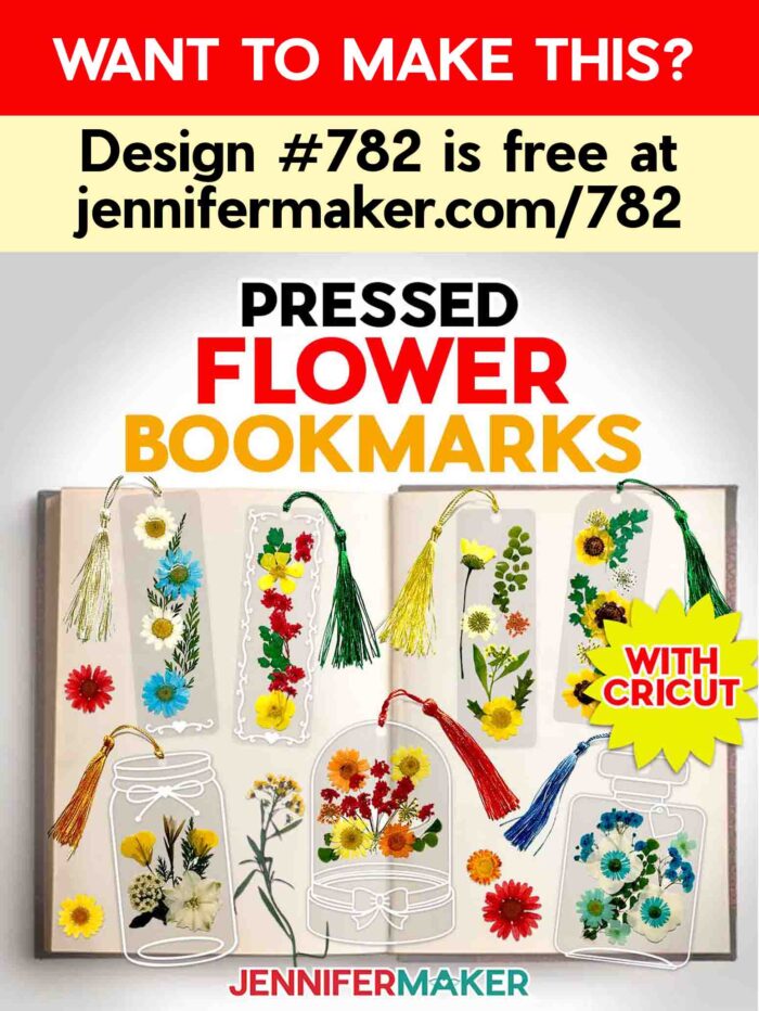 Want to make this? Design #782 is free at jennifermaker.com/782. Pressed flower bookmarks with Cricut. A variety of laminated bookmarks with colorful flowers cover the open pages of a sketchbook.
