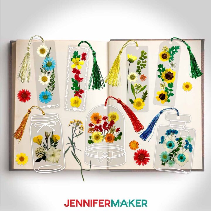 Pressed flower bookmark designs in a stylized image.
