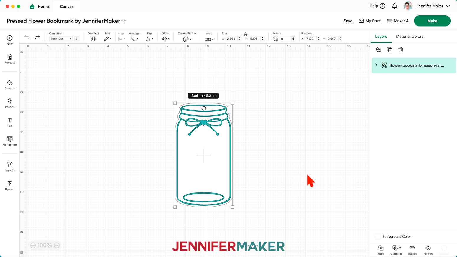 Pressed flower bookmark mason jar design on the Design Space canvas measuring 2.86" W x 5.2" H.