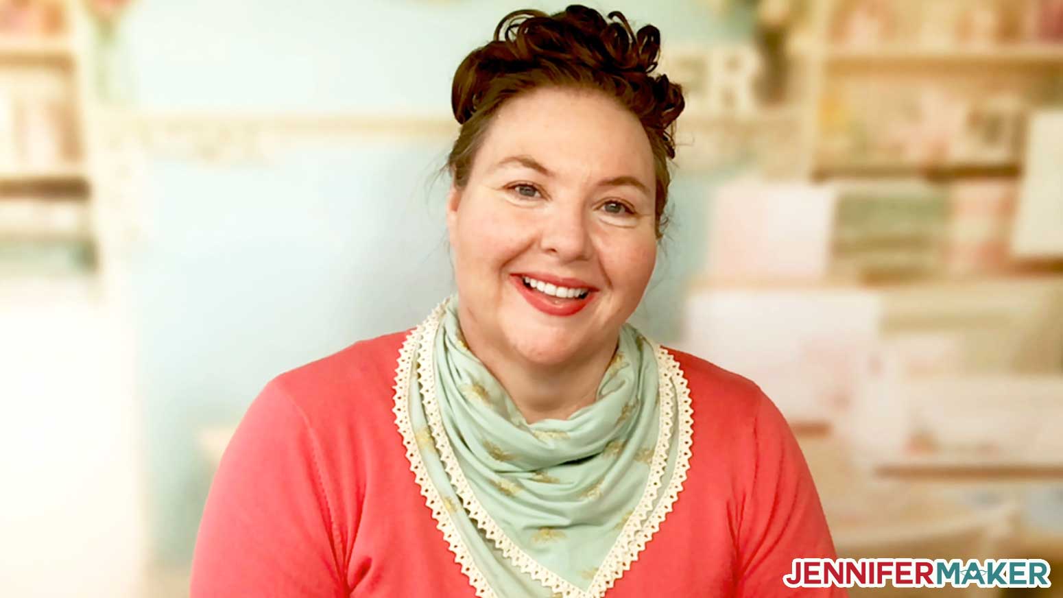 Jennifer Maker wearing a pretty scarf face mask in light green fabric