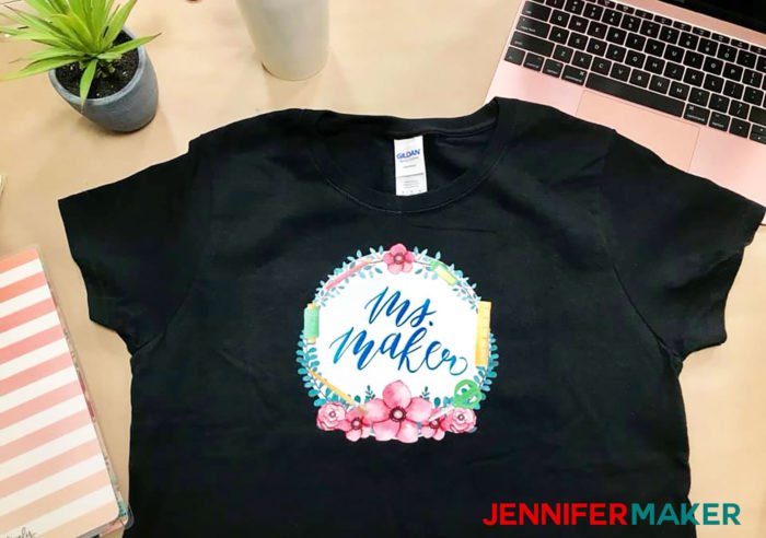 My black Print Then Cut Cricut Iron-on T-shirt with a cute crafty decal that says Ms. Maker