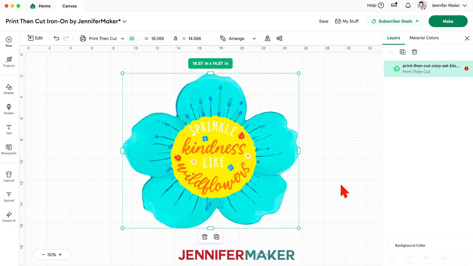 The Print Then Cut project flower design uploaded to the Design Space canvas measuring 16.57" W x 14.57" H.