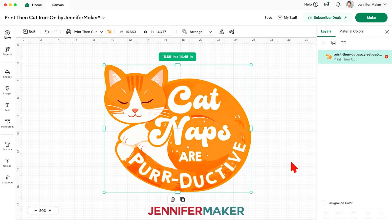 The Print Then Cut project cat design uploaded to the Design Space canvas measuring 16.66" W x 14.48" H.