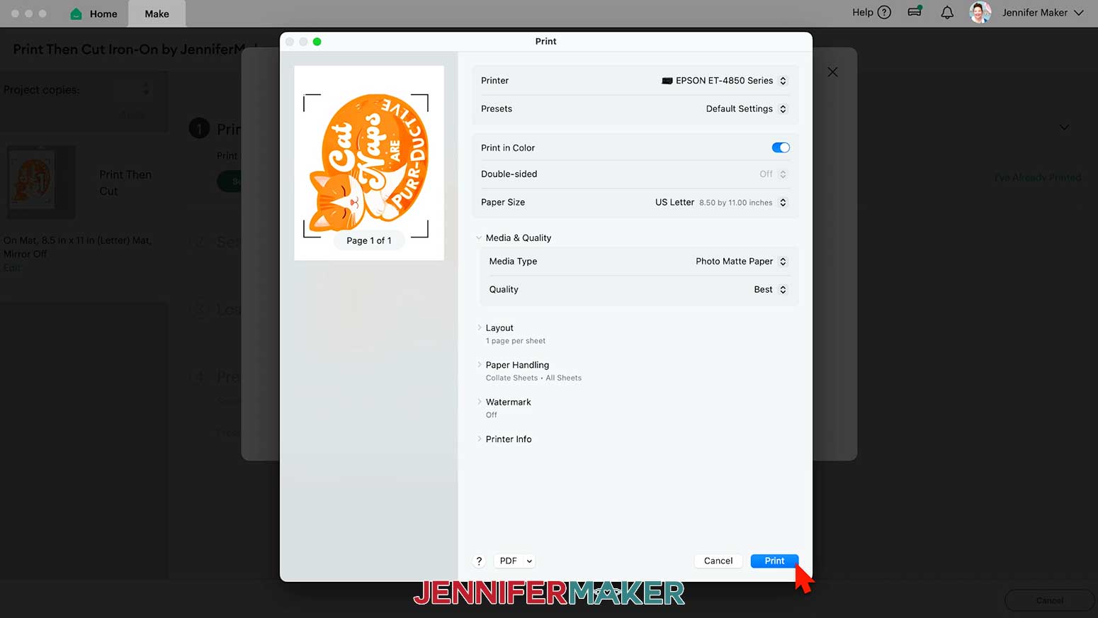 Select Photo Matte Paper and set the quality to Best in the print dialog window.