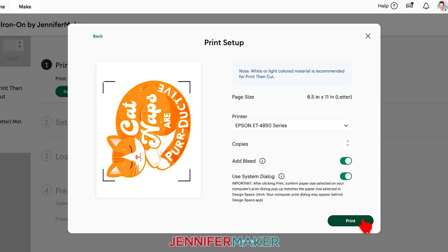Toggle on the options for Add Bleed and Use System Dialog and click Print.
