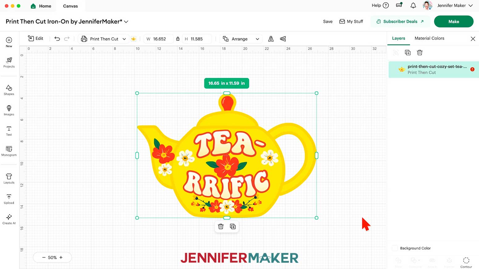 The Print Then Cut project teapot design uploaded to the Design Space canvas measuring 16.65" W x 11.59" H.