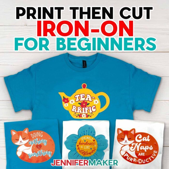 Collection of turquoise and white Print Then Cut Iron-On T-shirts on display, featuring cute and cozy designs of cats, teapots, and blooms with quotes