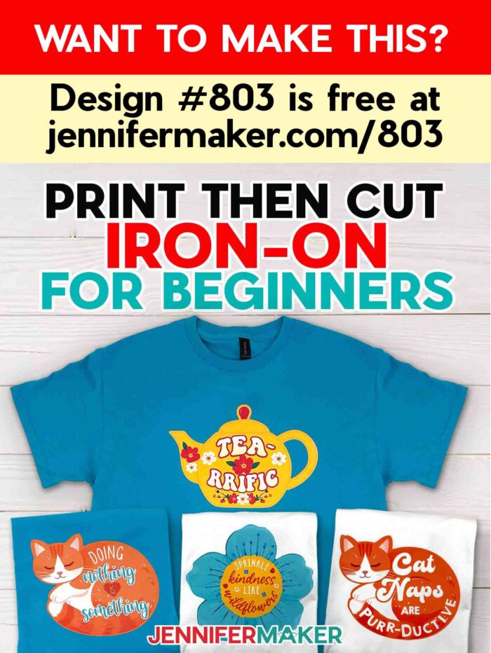 Collection of turquoise and white Print Then Cut Iron-On T-shirts on display, featuring cute and cozy designs of cats, teapots, and blooms with quotes. Want to make this? Design #803 is free at jennifermaker.com/803